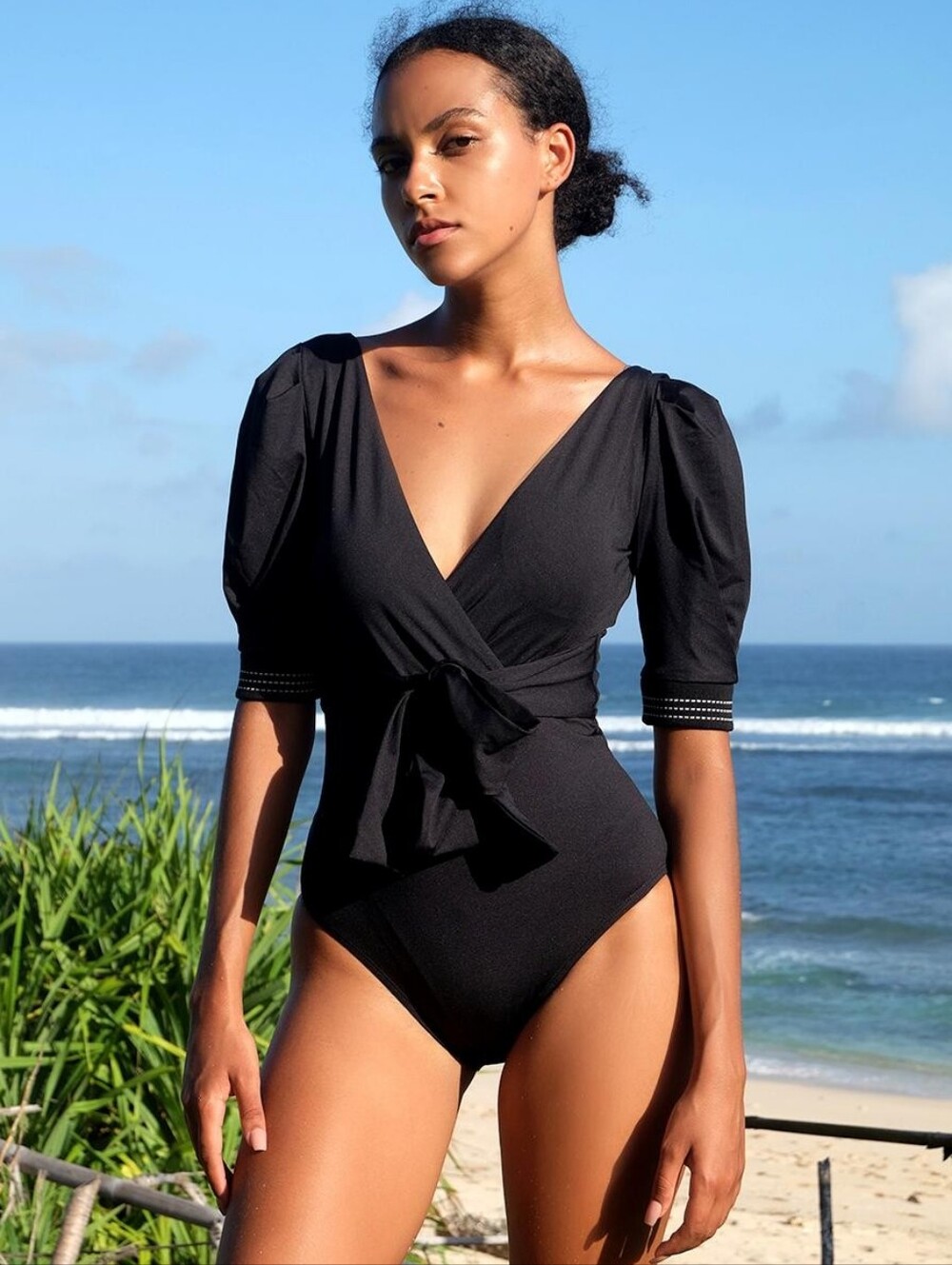QUA VINO Night At The Juju Garden Puff Sleeve Deep V Surplice One Piece Swimsuit